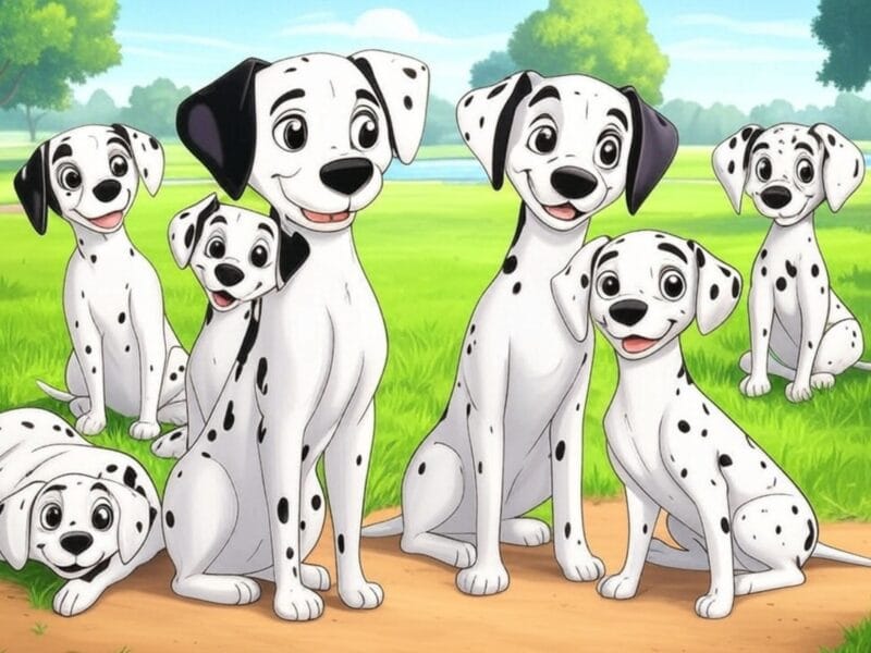 Group of animated Dalmatian dogs, adults and puppies, gathered on a grassy path in a sunny park setting