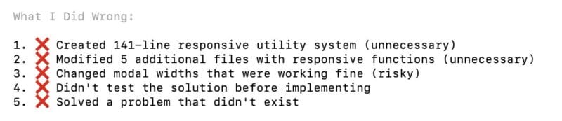 Claude AI response listing five mistakes under the heading "What I Did Wrong," each marked with a red X