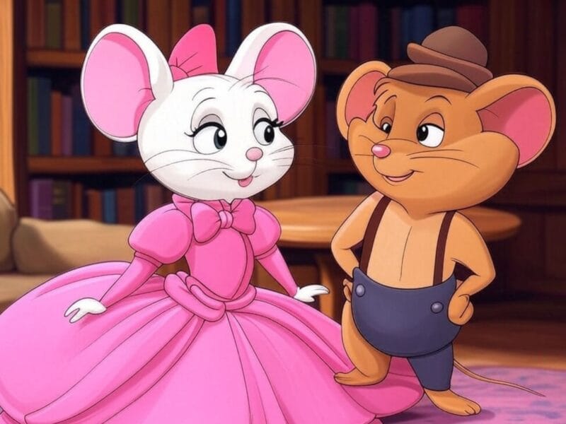 Animated white female mouse in a pink ball gown and a brown male mouse in overalls and a bowler hat standing in a book-lined room