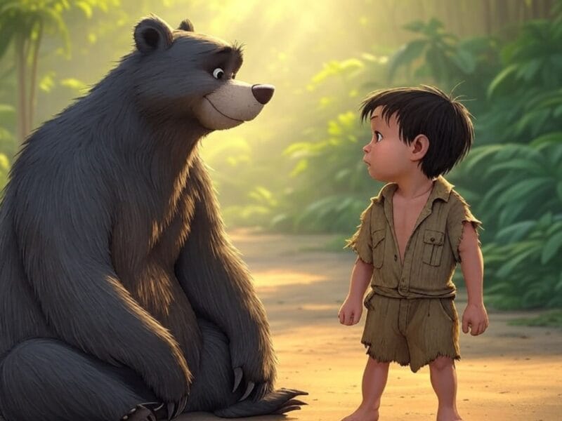 Animated bear seated in a sunlit jungle clearing facing a small boy in tattered clothes, both looking at each other