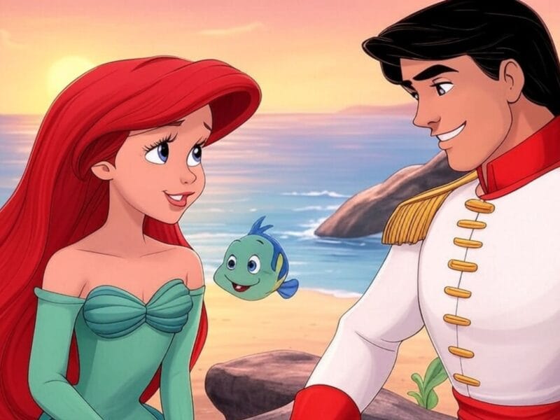 Animated Ariel in a teal off-shoulder dress and Prince Eric in a white military uniform standing on a beach at sunset with Flounder the fish between them